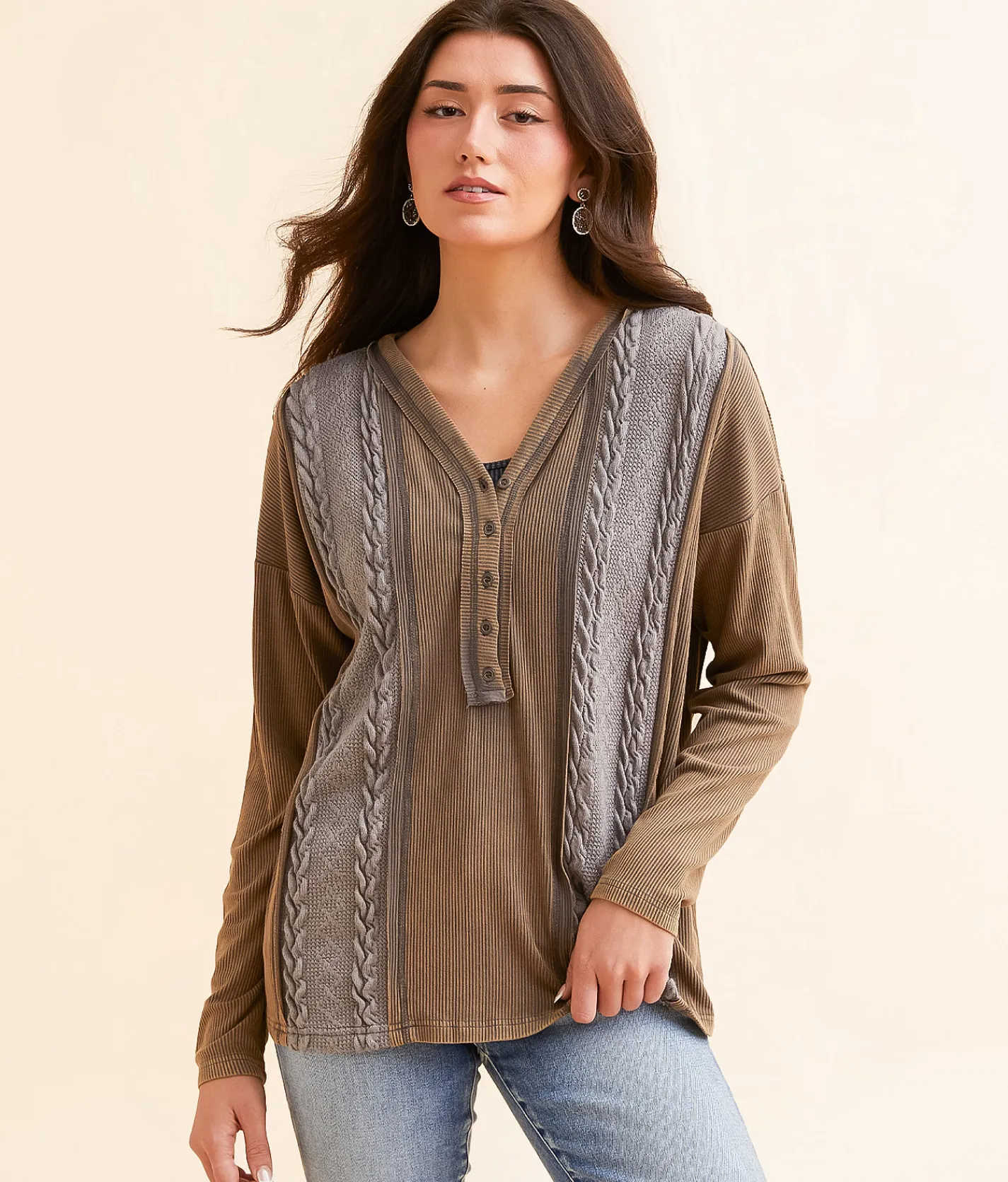 BKE Pieced Cable Knit Washed Henley Washed Green Blue Sale