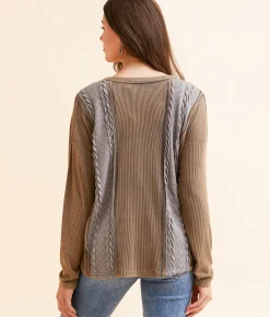 BKE Pieced Cable Knit Washed Henley Washed Green Blue Sale