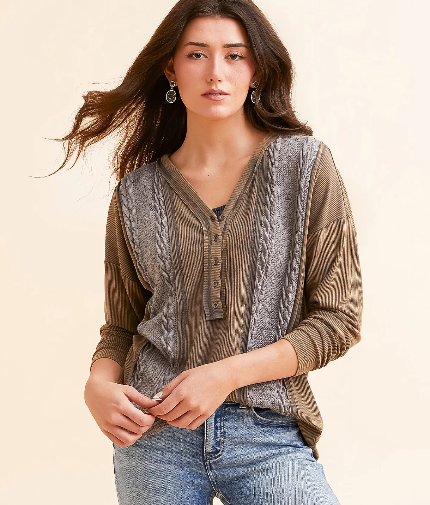 BKE Pieced Cable Knit Washed Henley Washed Green Blue Sale