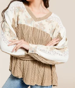 Tops | POL Pieced Cable Sweater Knit Pullover Mocha