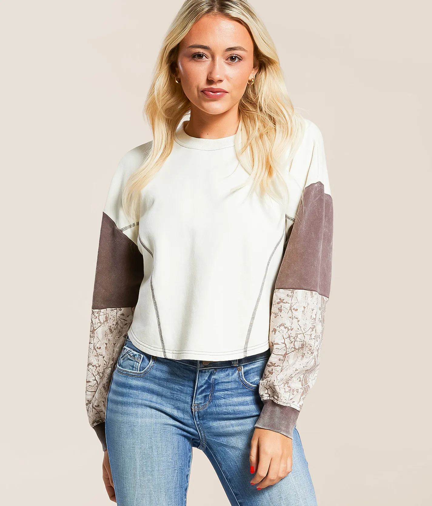 Tops | Gilded Intent Pieced Camo Boxy Pullover Beige Camo