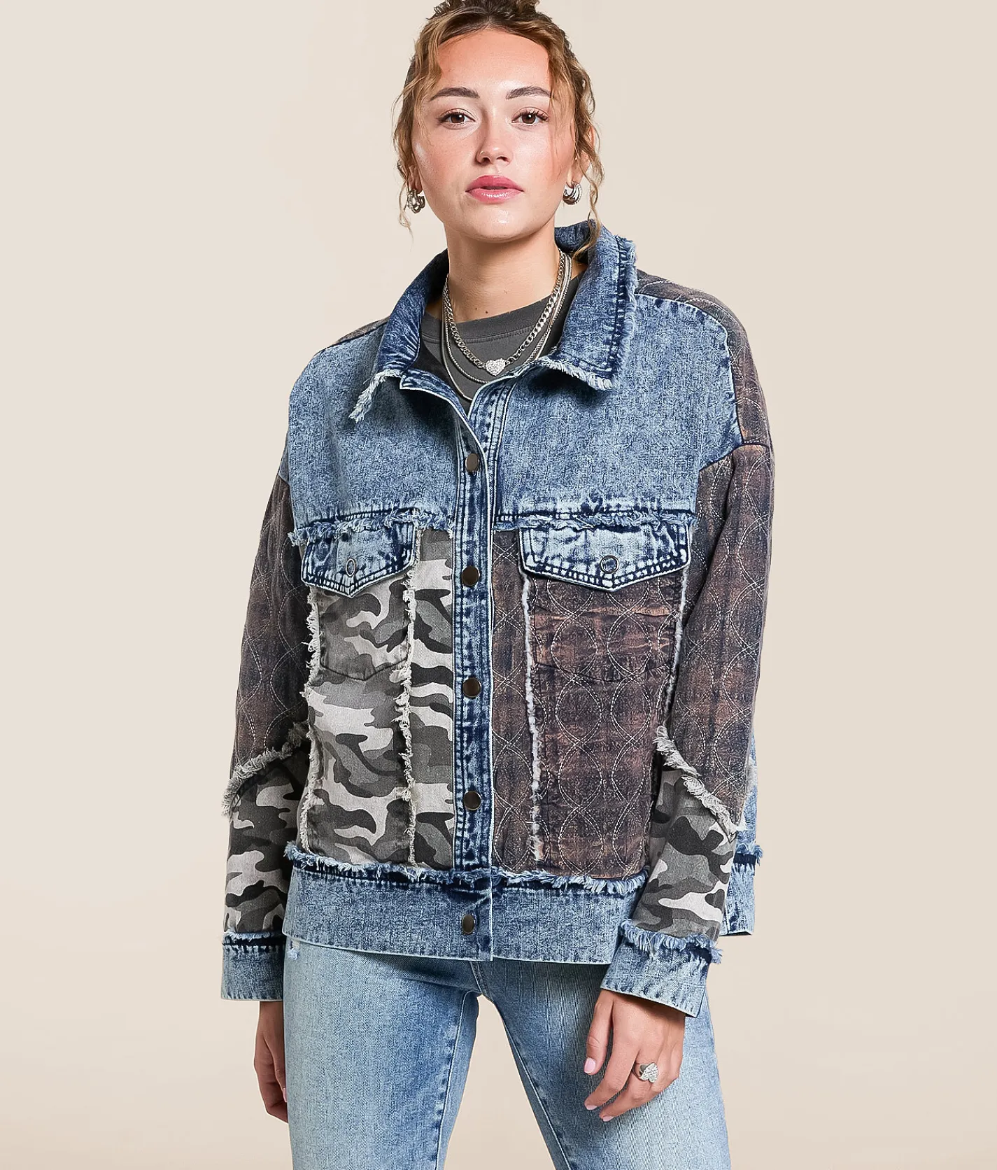 Tops|Coats & Jackets | Gilded Intent Pieced Camo Frayed Jacket Camo Multi