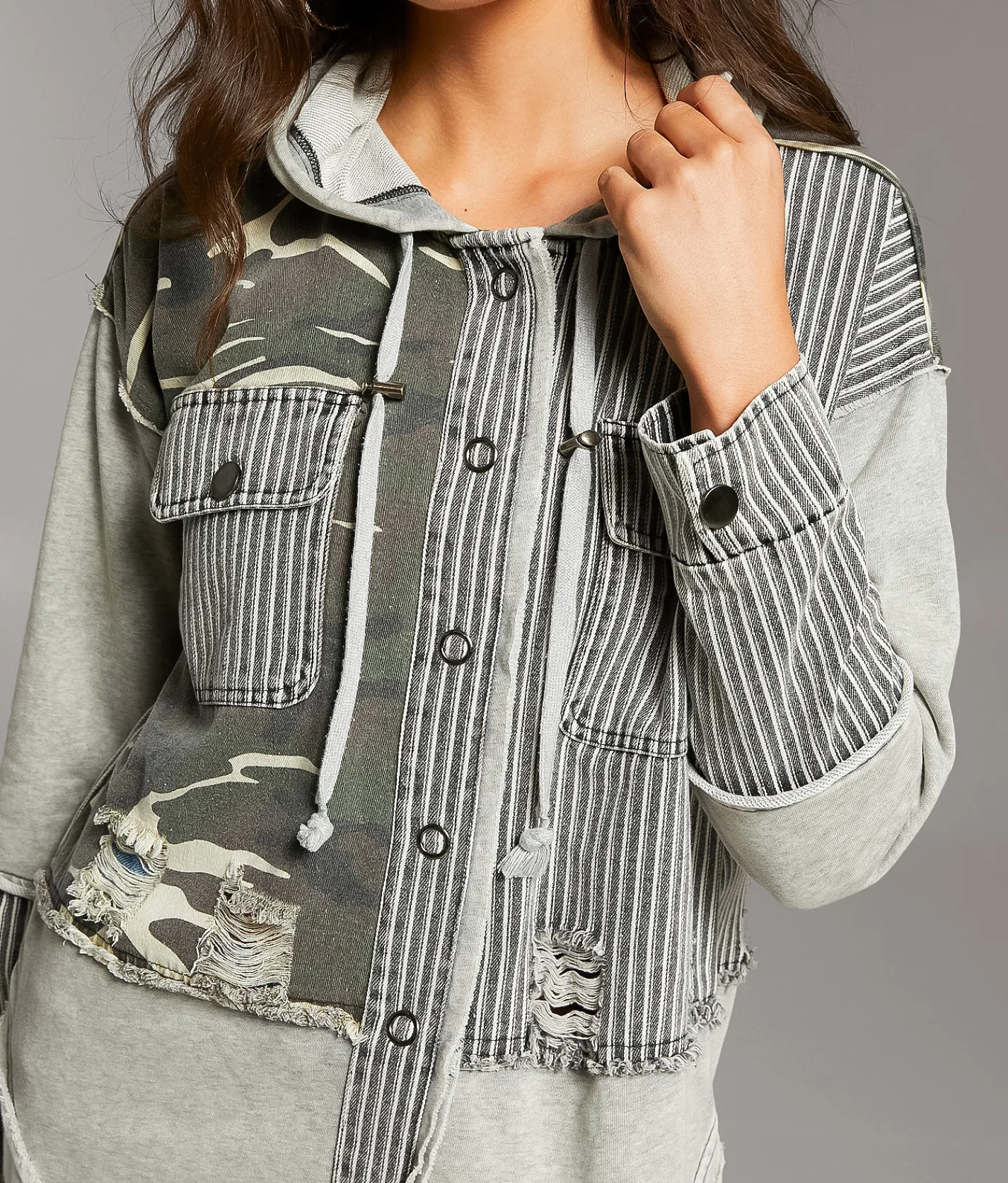 Coats & Jackets | BKE Pieced Camo Stripe Hooded Shacket Multi