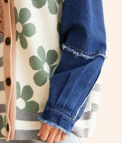 Blue Blush Pieced Cardigan Sweater Navy and Taupe Multi Clearance