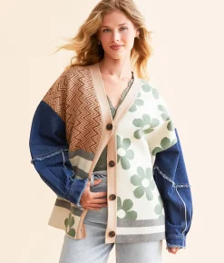 Blue Blush Pieced Cardigan Sweater Navy and Taupe Multi Clearance