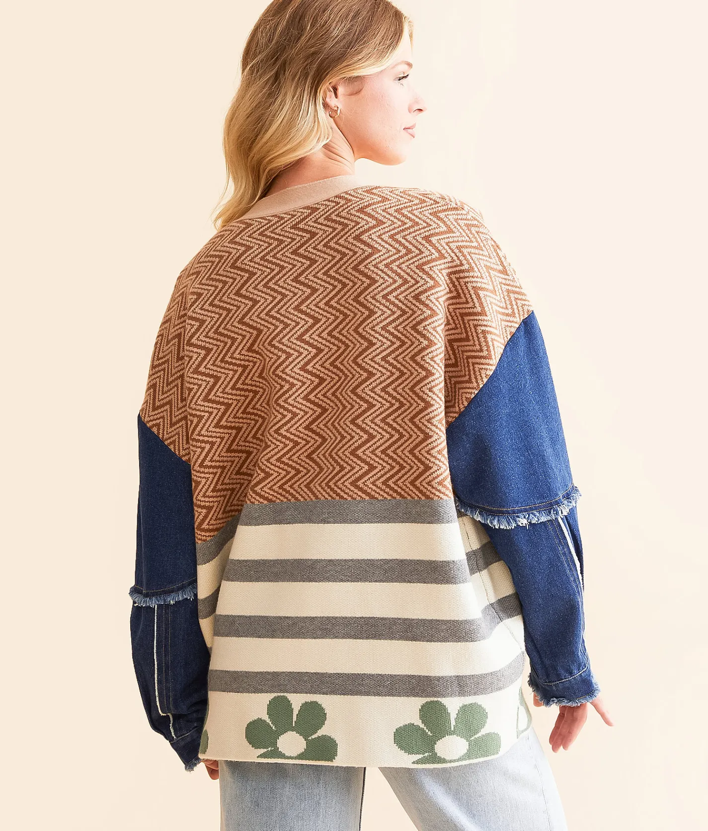 Blue Blush Pieced Cardigan Sweater Navy and Taupe Multi Clearance