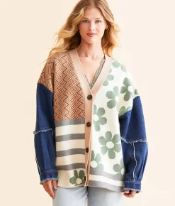 Blue Blush Pieced Cardigan Sweater Navy and Taupe Multi Clearance