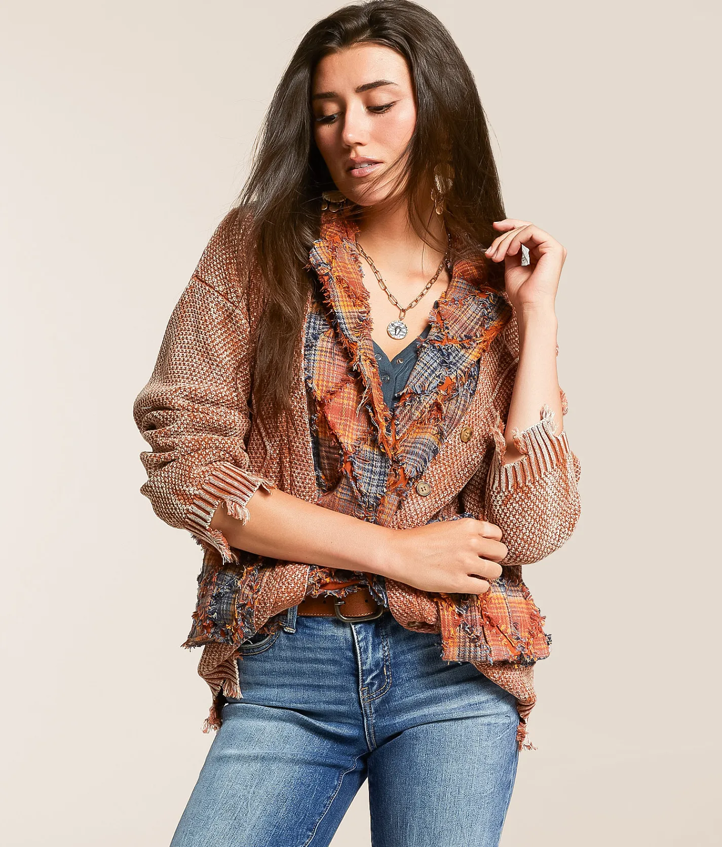 Miss Me Pieced Cardigan Sweater Salmon Pink Discount