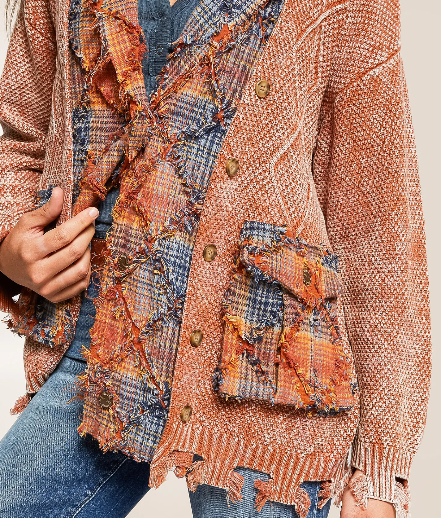 Miss Me Pieced Cardigan Sweater Salmon Pink Discount