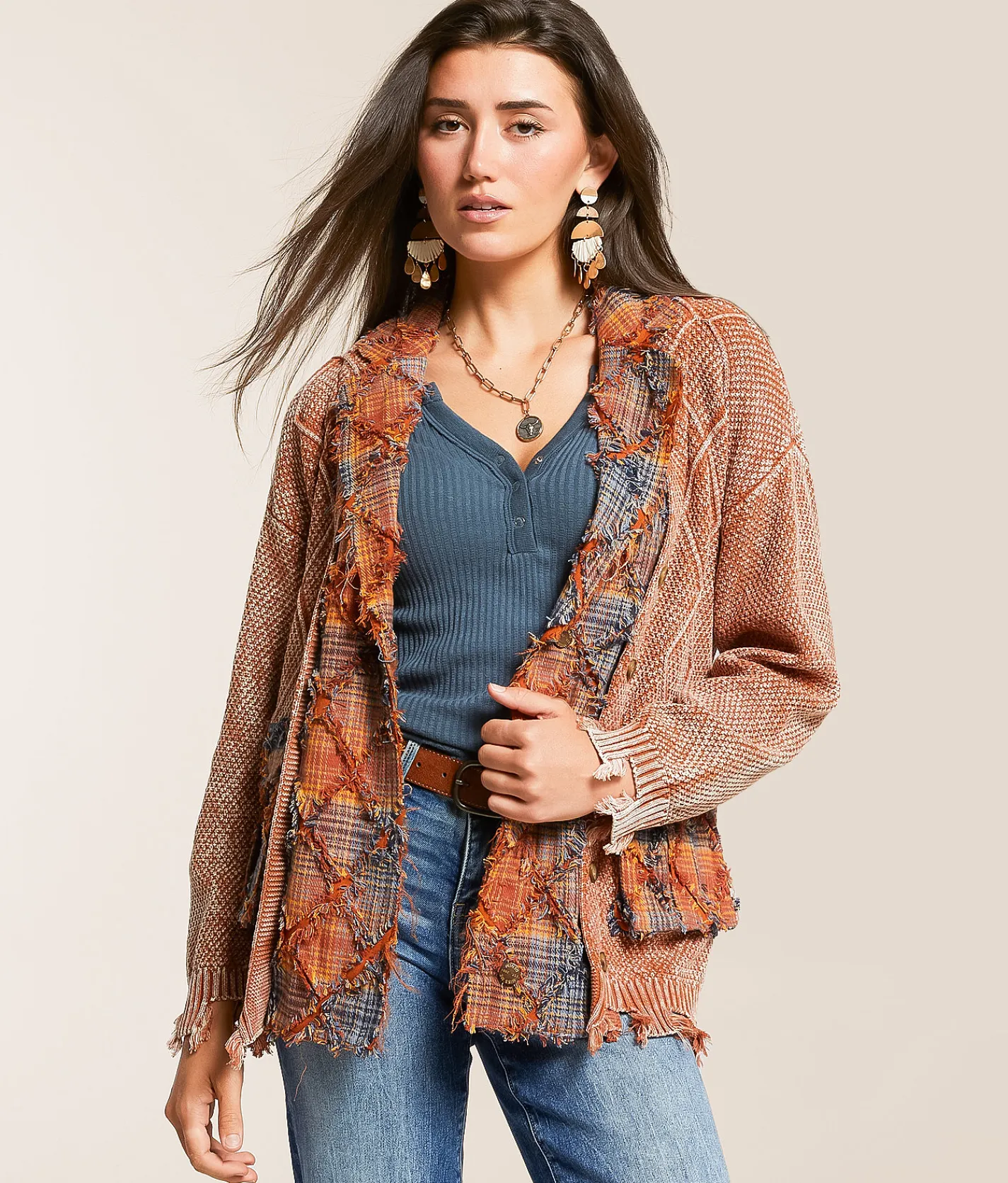 Miss Me Pieced Cardigan Sweater Salmon Pink Discount