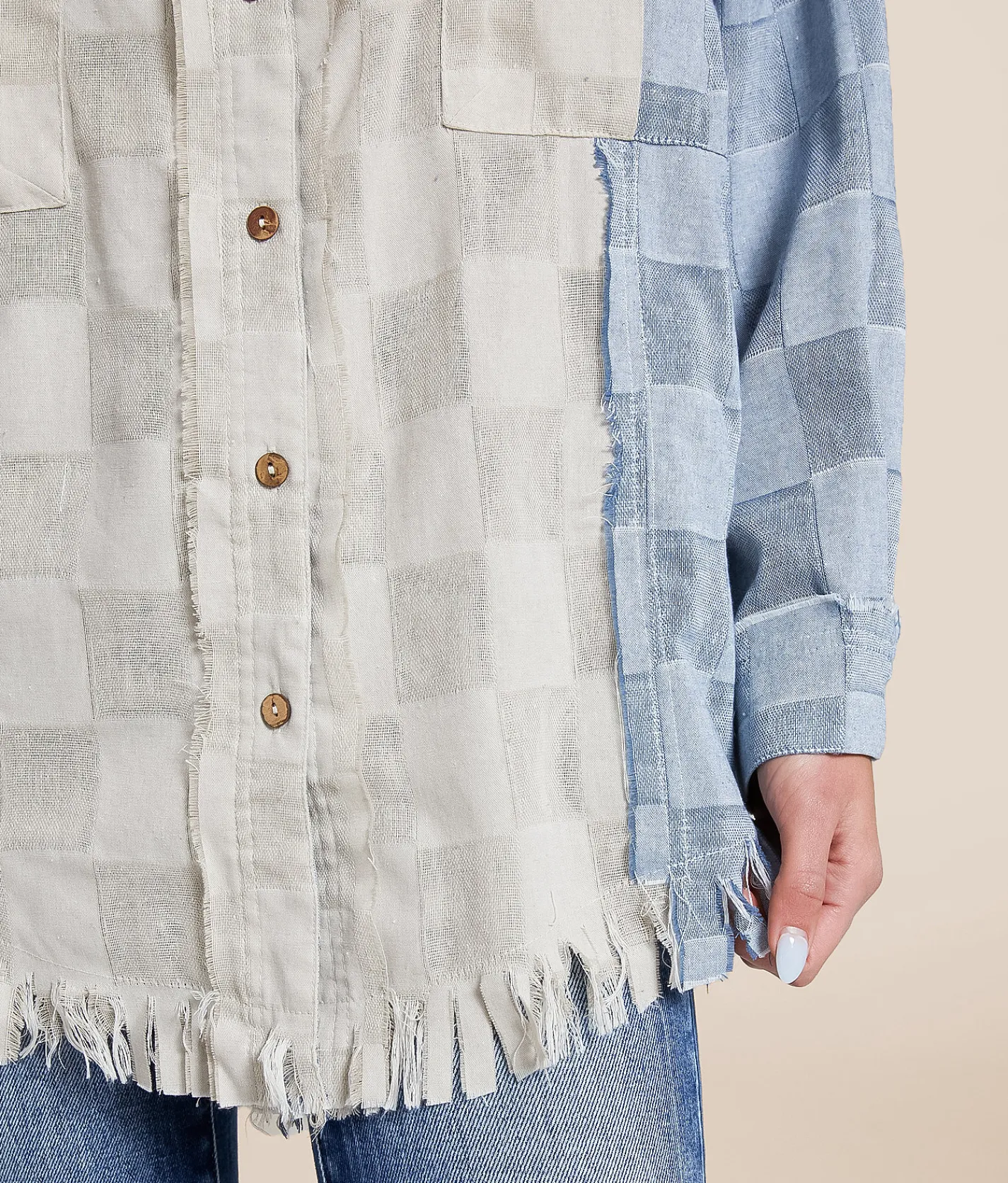 Oli & Hali Pieced Checker Fringe Shirt Blue Discount