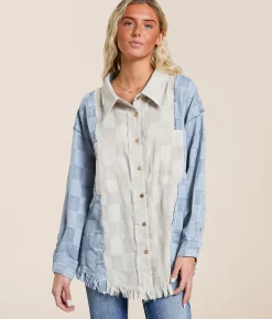 Oli & Hali Pieced Checker Fringe Shirt Blue Discount