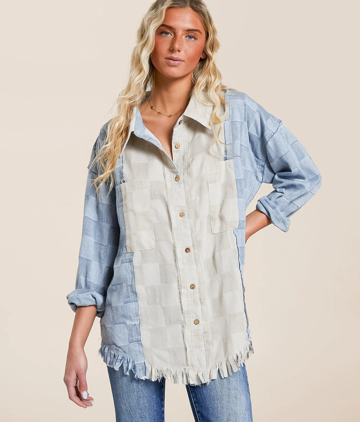 Oli & Hali Pieced Checker Fringe Shirt Blue Discount