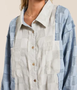Oli & Hali Pieced Checker Fringe Shirt Blue Discount