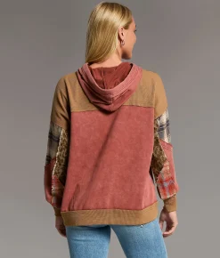BKE Pieced Cheetah & Plaid Hoodie Red Assorted New