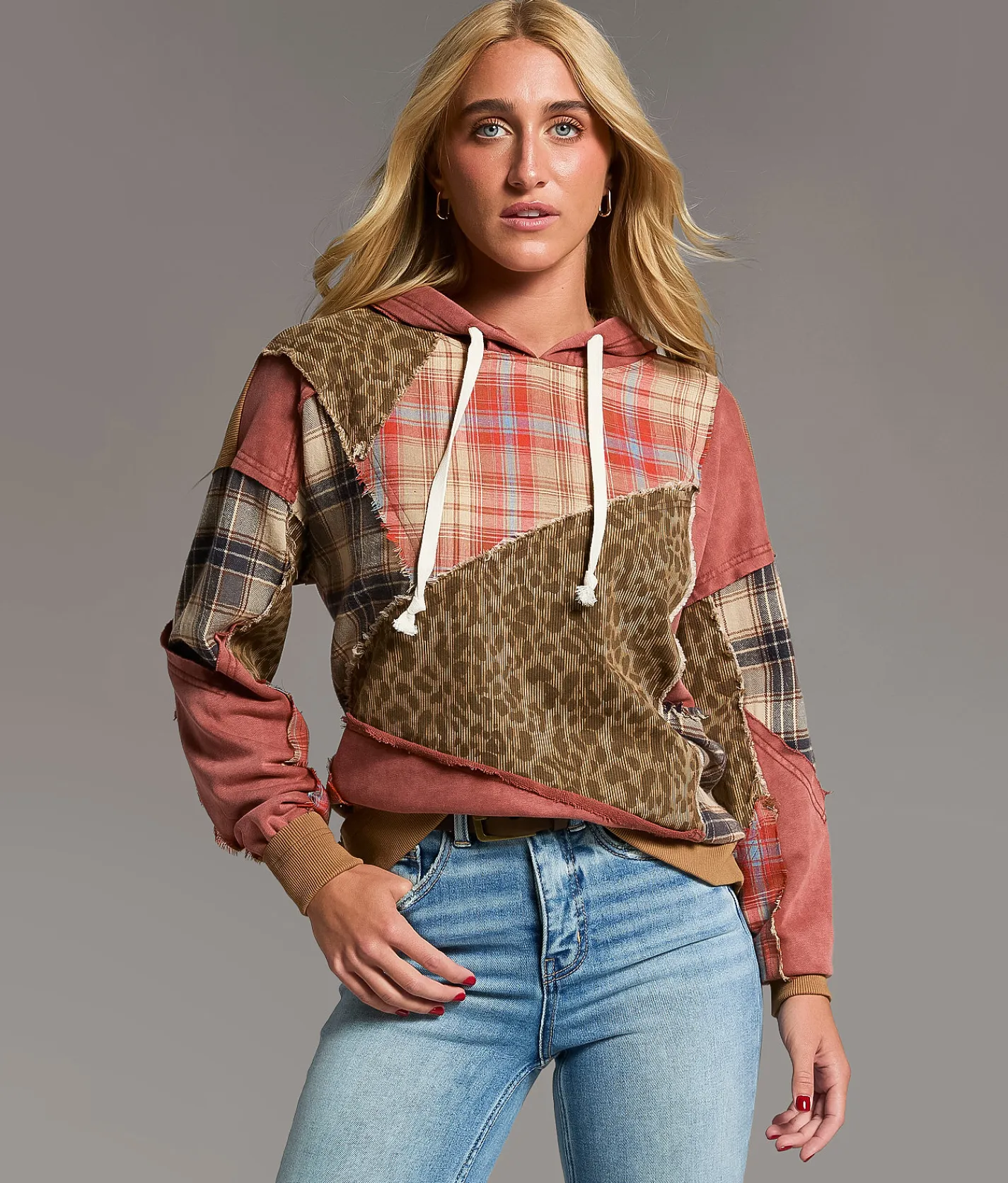 BKE Pieced Cheetah & Plaid Hoodie Red Assorted New