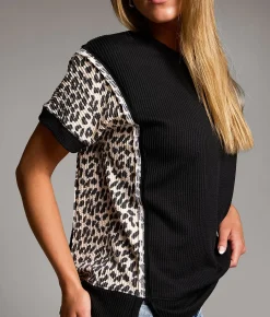 BKE Pieced Cheetah Top Black Discount
