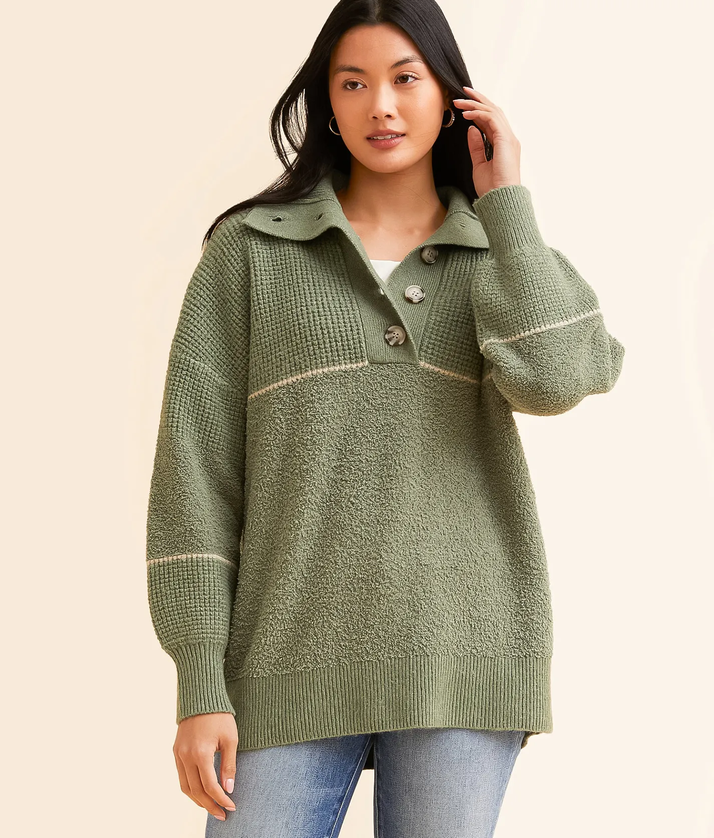 Tops | BKE Pieced Chenille Henley Sweater Sea Spray