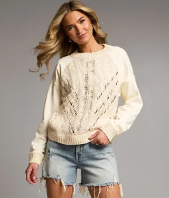 BKE Pieced Chunky Knit Sweater Cream Best