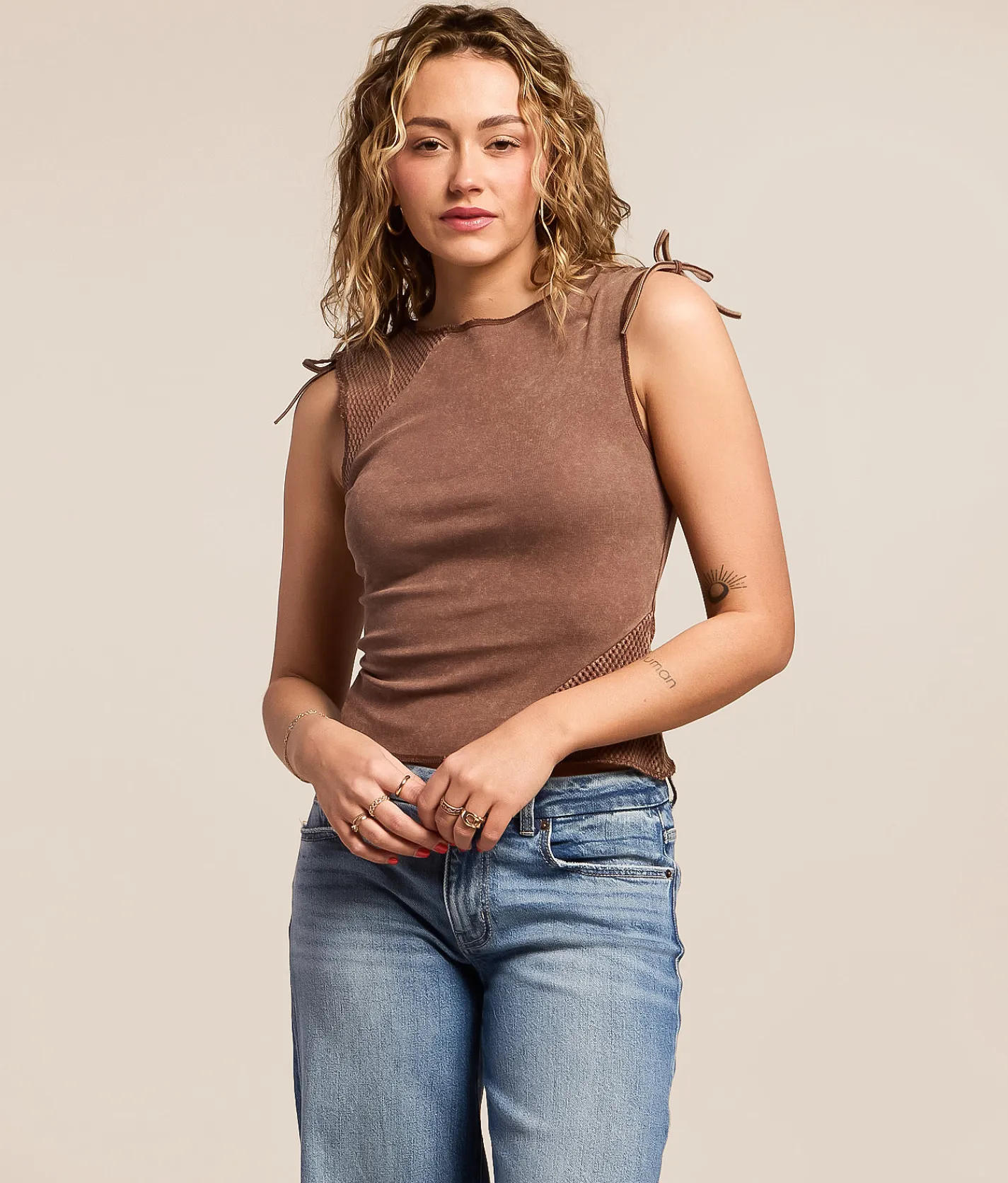 Tops | Gilded Intent Pieced Cinch Tie Tank Top Mustang