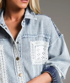 BKE Pieced Crochet & Denim Oversized Shacket Denim Blue Online