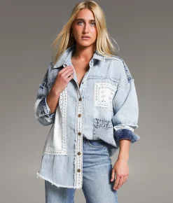 BKE Pieced Crochet & Denim Oversized Shacket Denim Blue Online