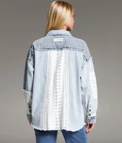 BKE Pieced Crochet & Denim Oversized Shacket Denim Blue Online