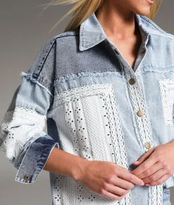 BKE Pieced Crochet & Denim Oversized Shacket Denim Blue Online