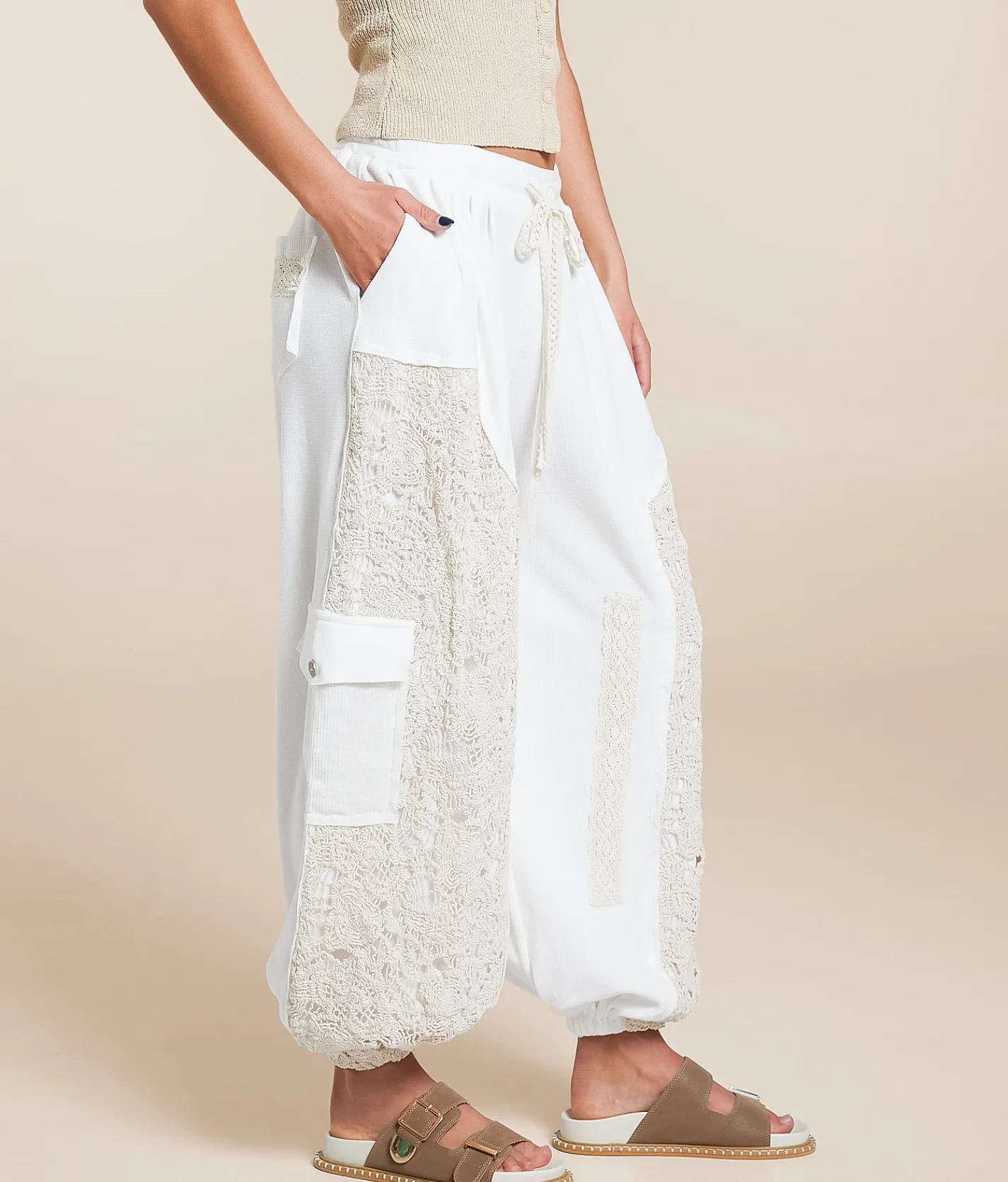 Bottoms | POL Pieced Crochet Cargo Jogger Off White