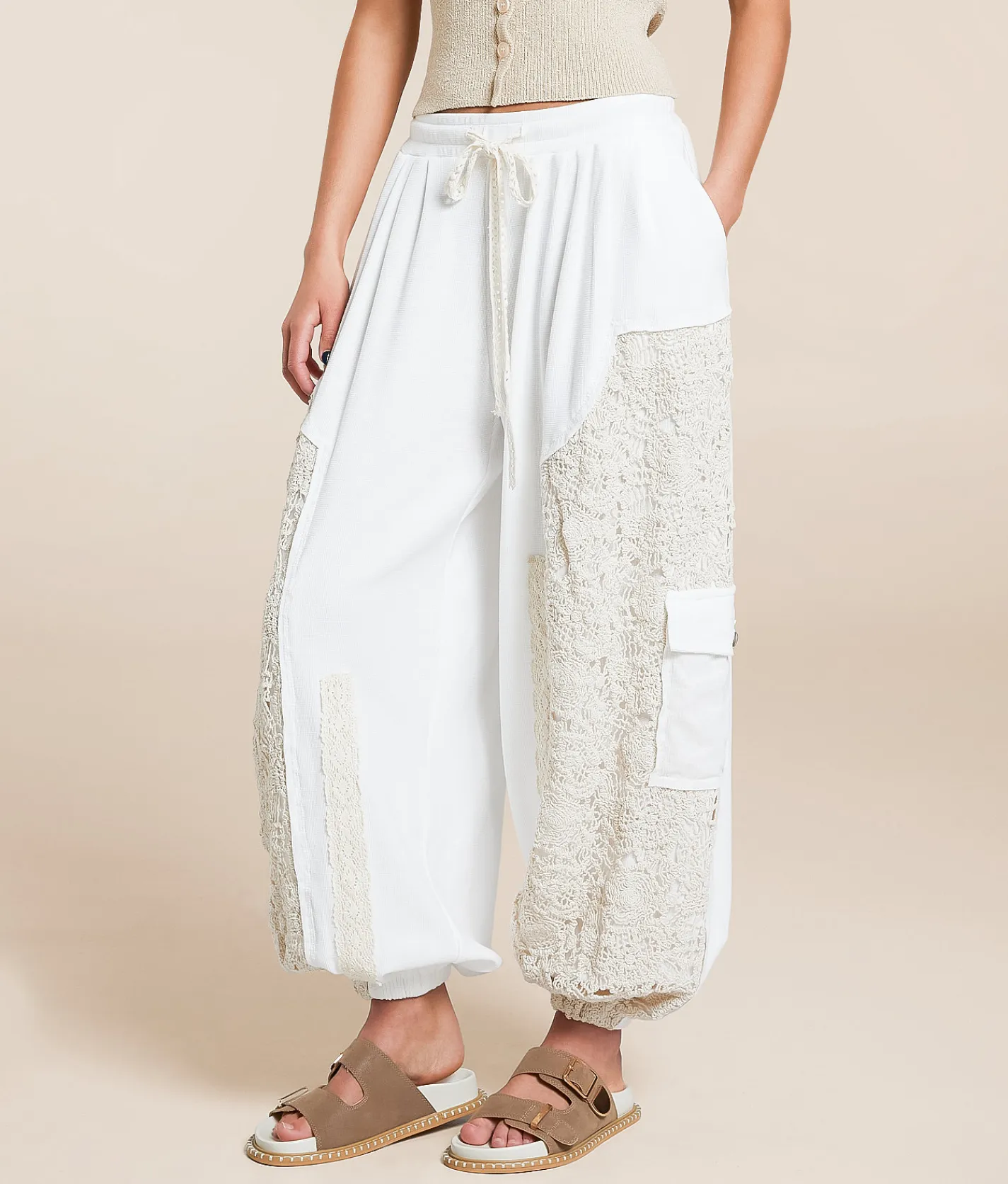 Bottoms | POL Pieced Crochet Cargo Jogger Off White