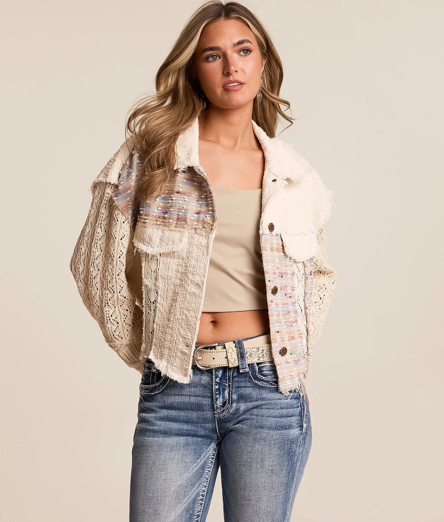 Tops|Coats & Jackets | Miss Me Pieced Crochet Cropped Jacket Natural