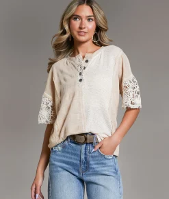 Tops | BKE Pieced Crochet Henley Cream