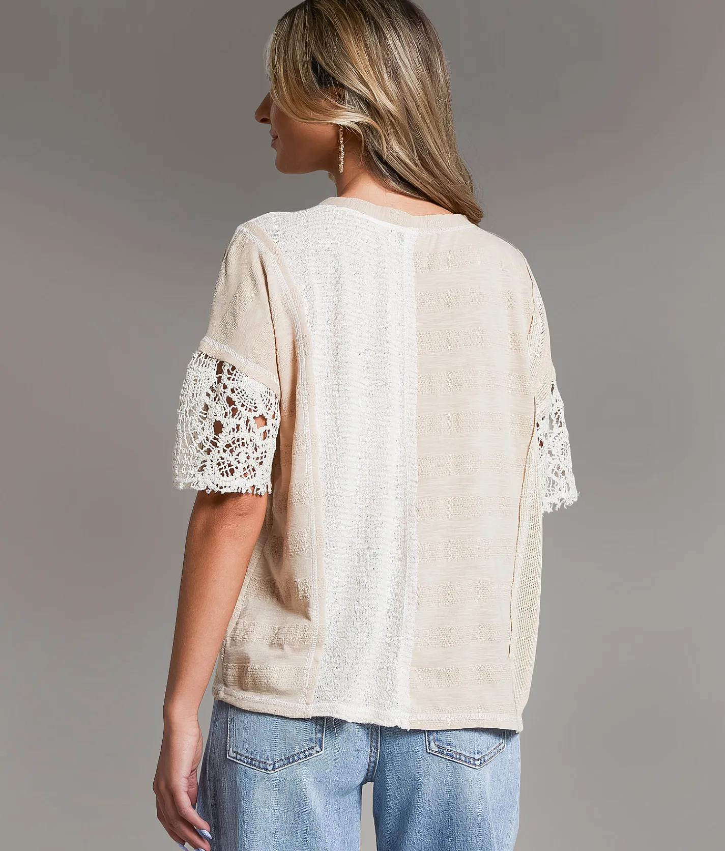 Tops | BKE Pieced Crochet Henley Cream