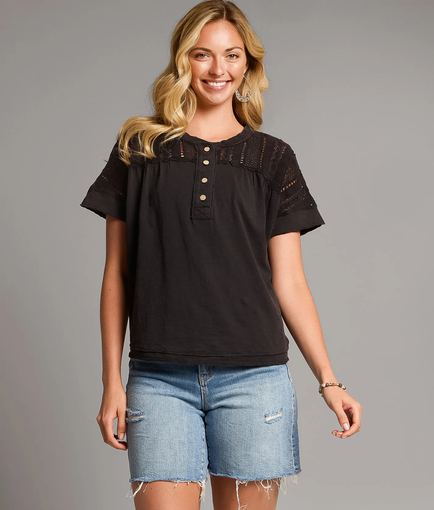 Tops | BKE Pieced Crochet Henley Black