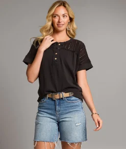 Tops | BKE Pieced Crochet Henley Black