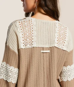 Tops | Miss Me Pieced Crochet Henley Taupe Beige