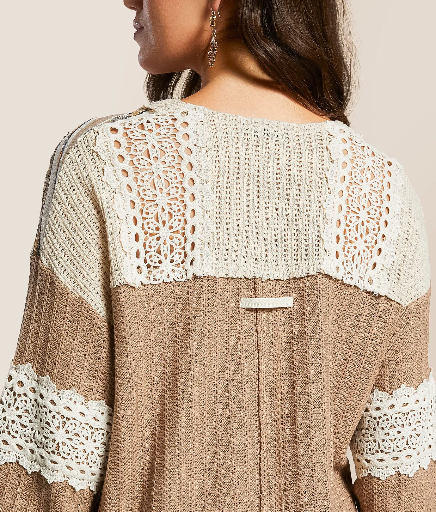 Tops | Miss Me Pieced Crochet Henley Taupe Beige
