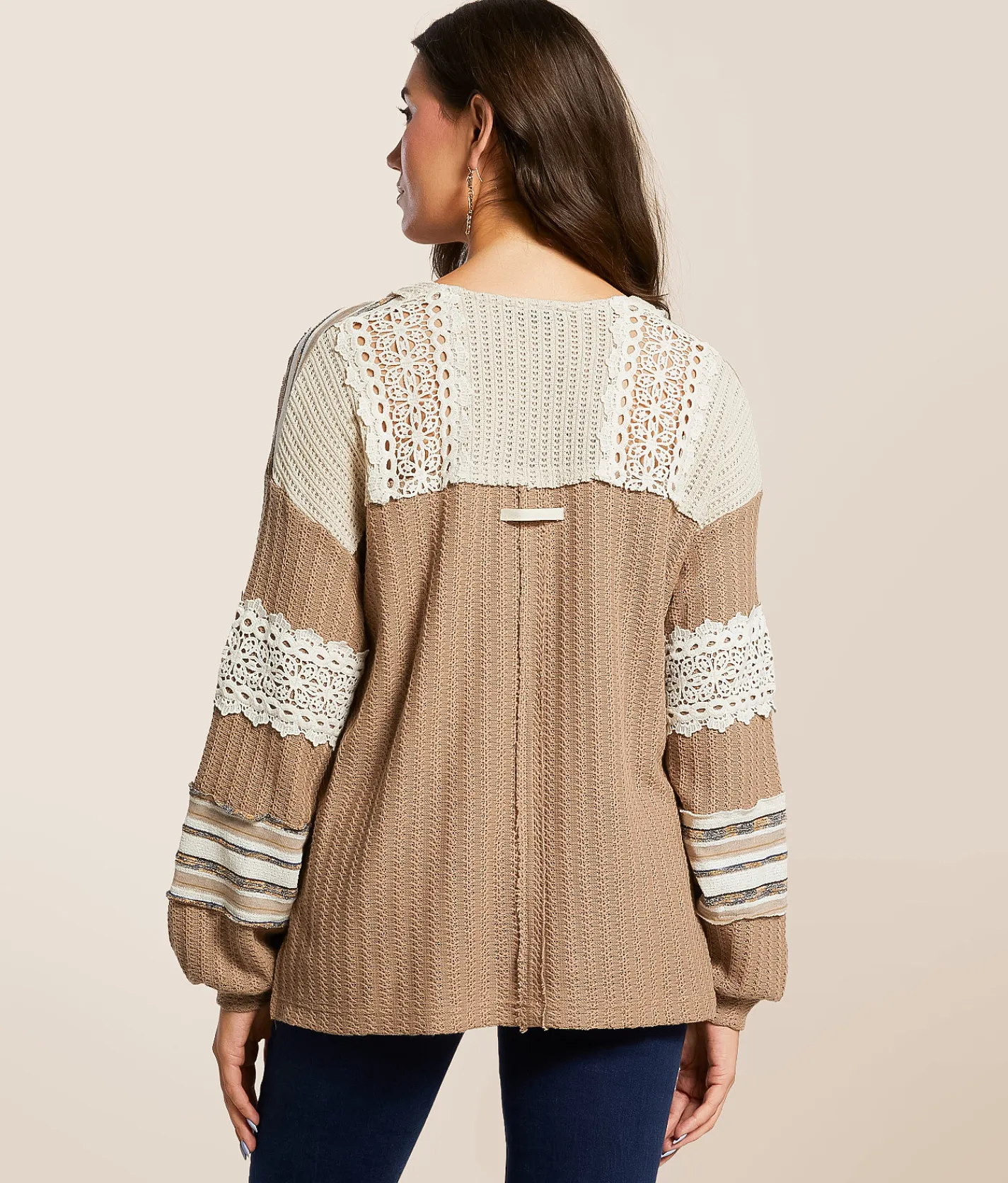 Tops | Miss Me Pieced Crochet Henley Taupe Beige