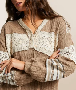 Tops | Miss Me Pieced Crochet Henley Taupe Beige