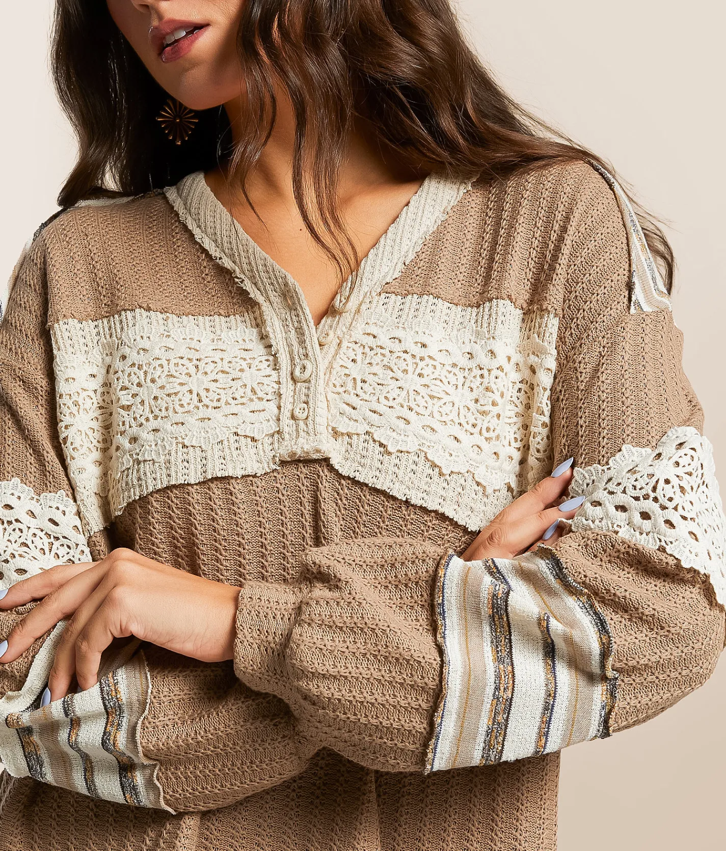 Tops | Miss Me Pieced Crochet Henley Taupe Beige