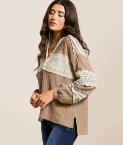 Tops | Miss Me Pieced Crochet Henley Taupe Beige