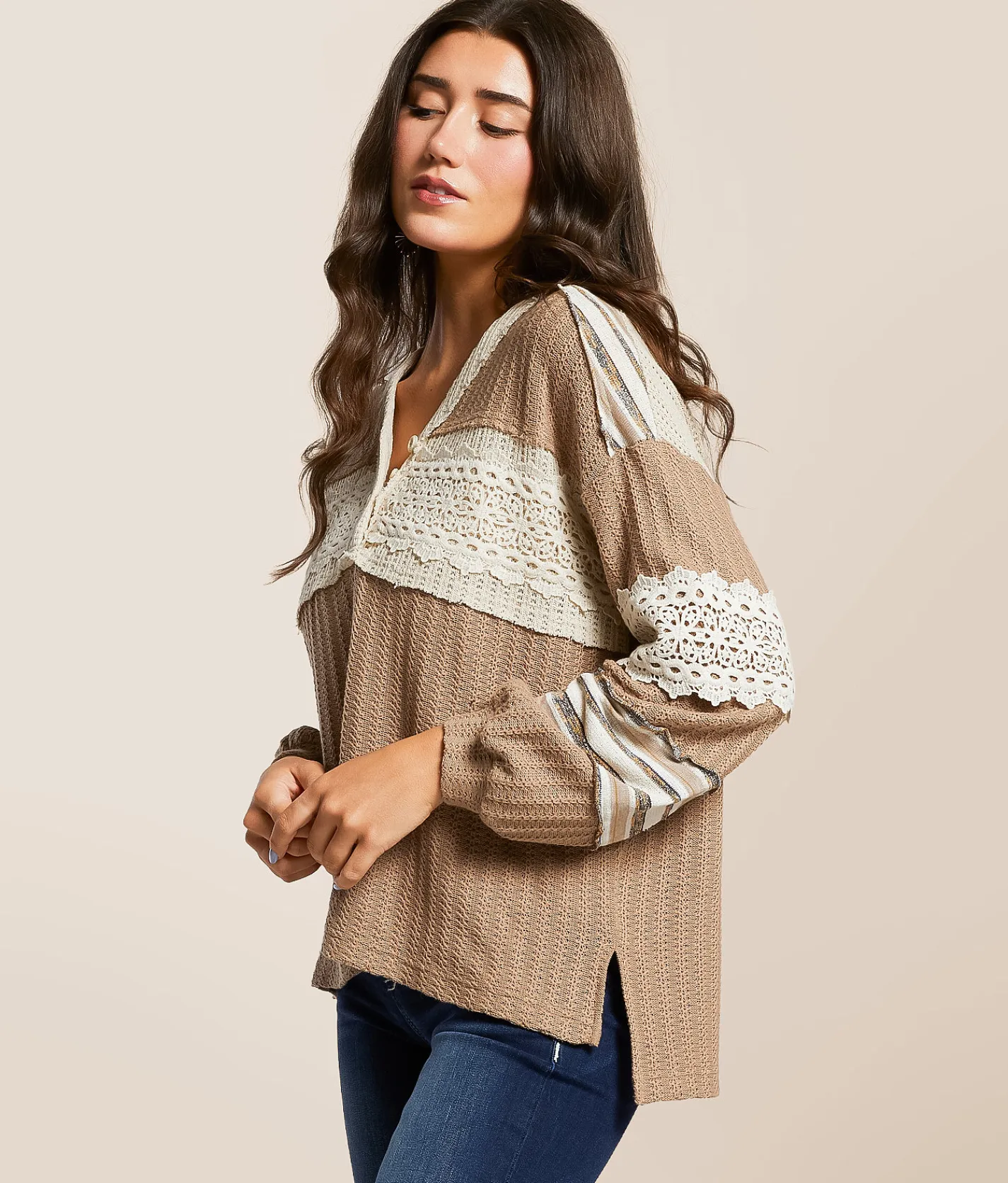 Tops | Miss Me Pieced Crochet Henley Taupe Beige