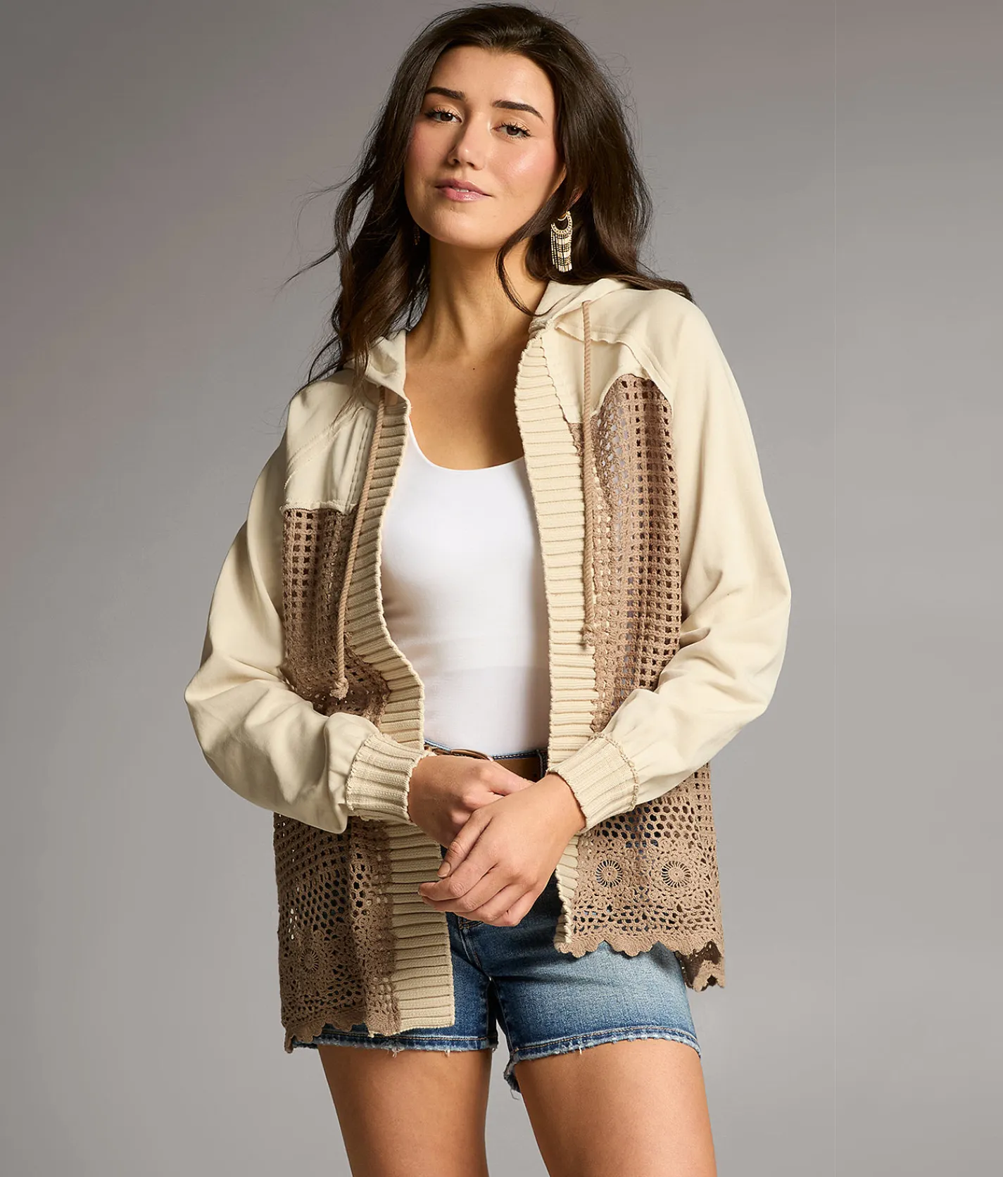 Tops | BKE Pieced Crochet Hooded Cardigan Tonal Beige