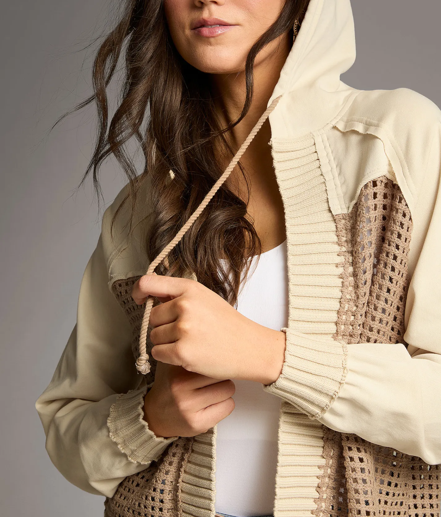 Tops | BKE Pieced Crochet Hooded Cardigan Tonal Beige