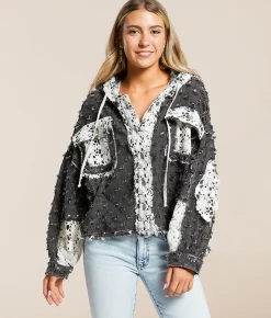 POL Pieced Crochet Hooded Shacket Black New