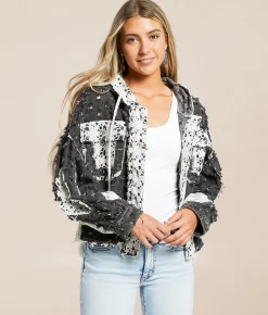 POL Pieced Crochet Hooded Shacket Black New