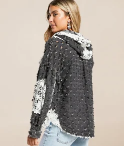 POL Pieced Crochet Hooded Shacket Black New