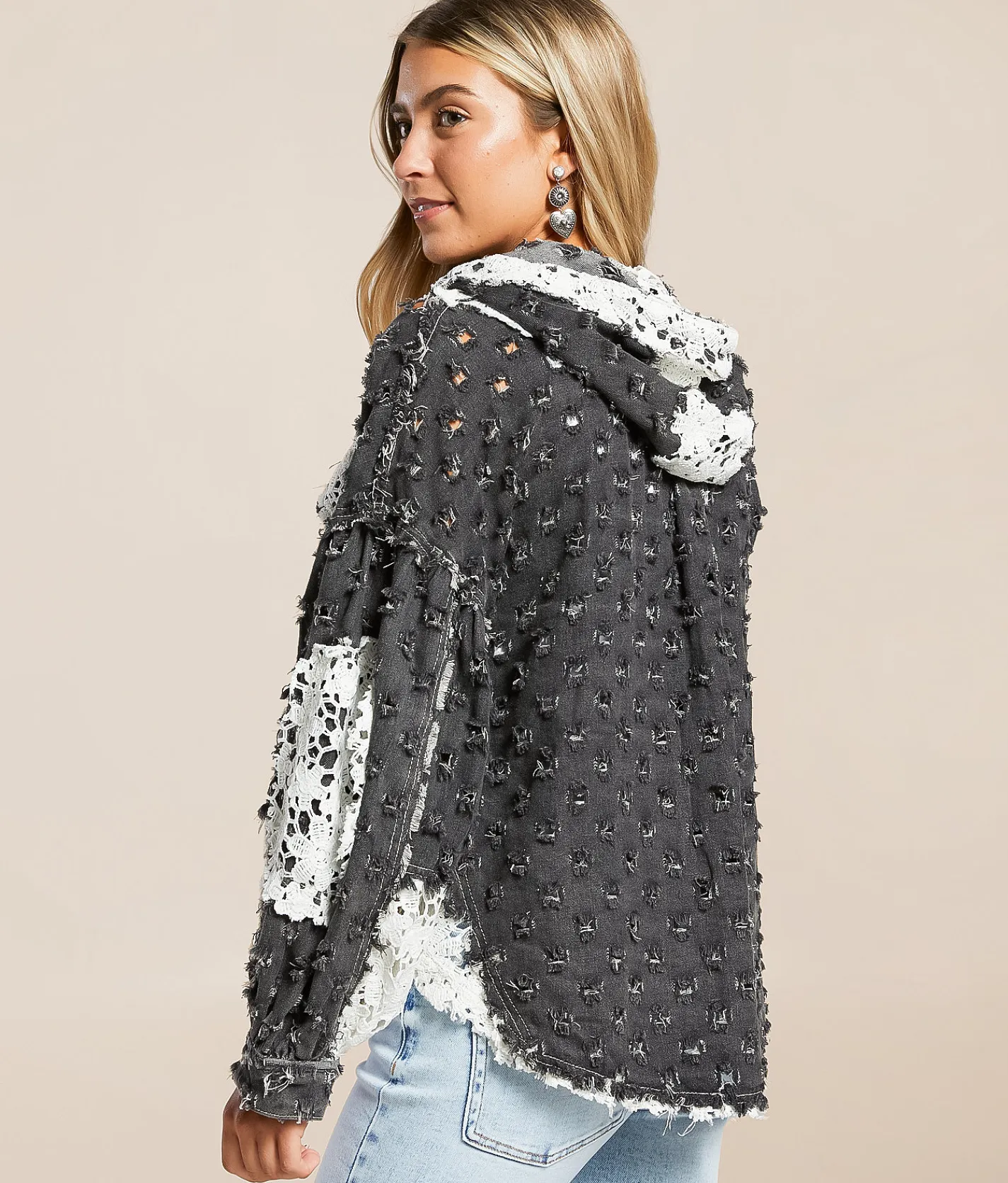 POL Pieced Crochet Hooded Shacket Black New