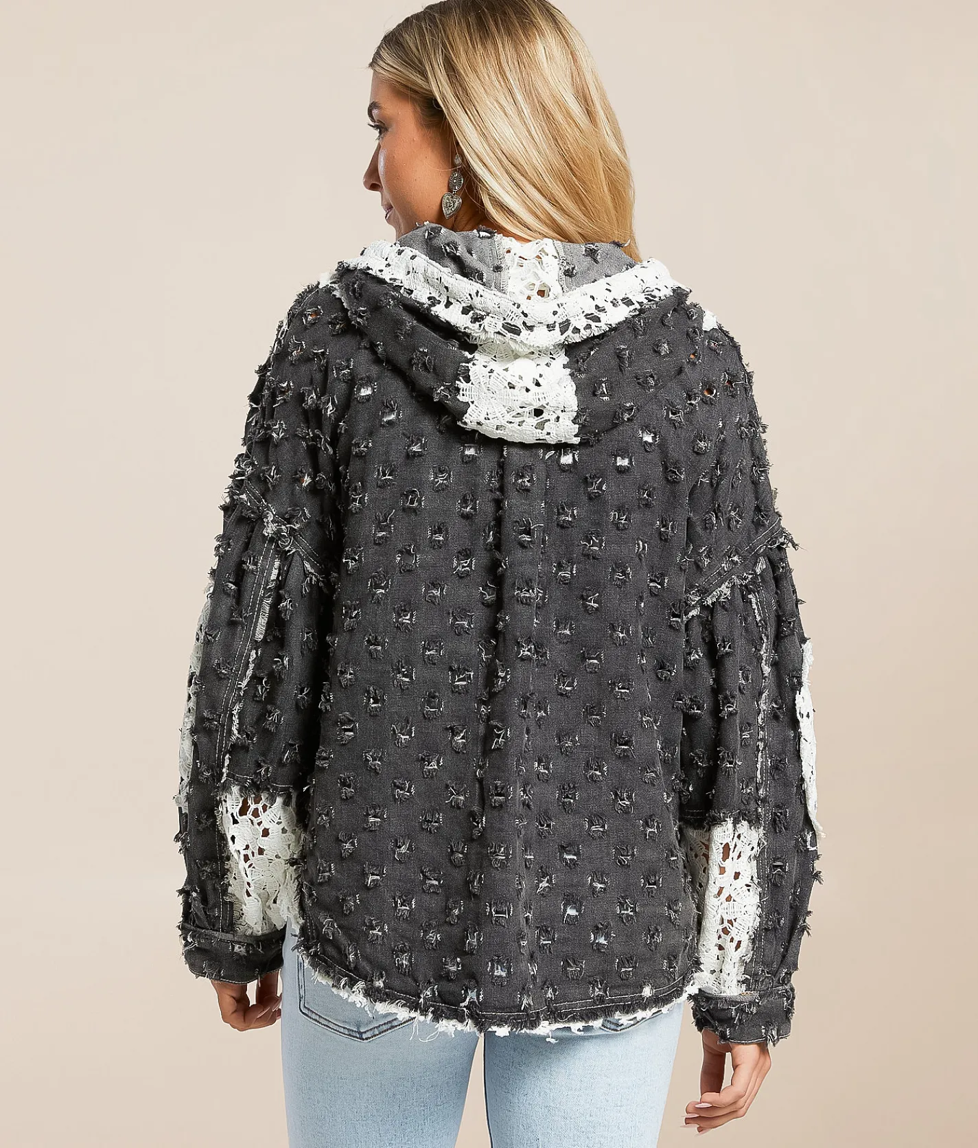 POL Pieced Crochet Hooded Shacket Black New
