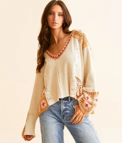 Tops | POL Pieced Crochet Hoodie Wheat Brick